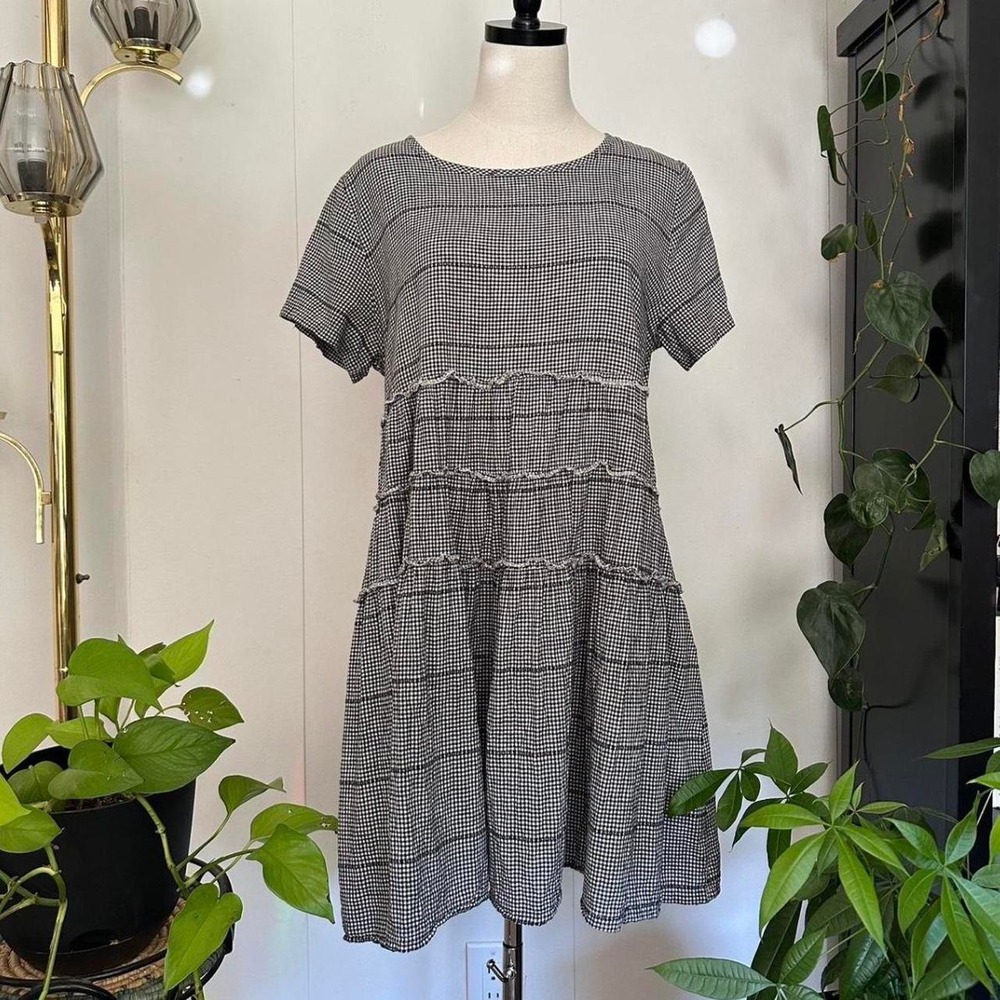 Black White Gingham Ruffle Tiered Babydoll Mini Dress Cotton Oversized Indie L